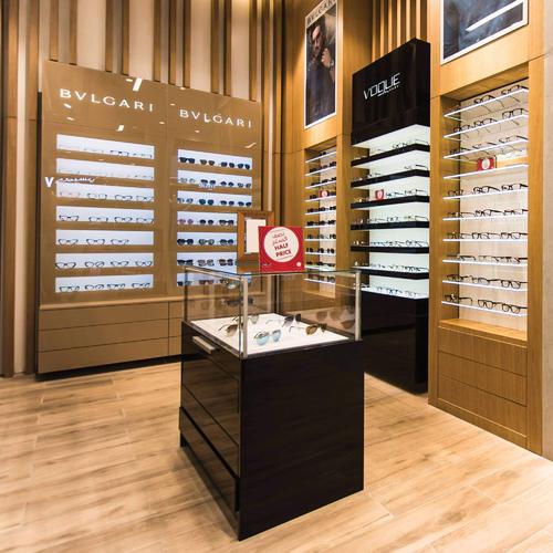 Luxurious wall display cabinets and shelves for a chain of optical shops in Dubai.