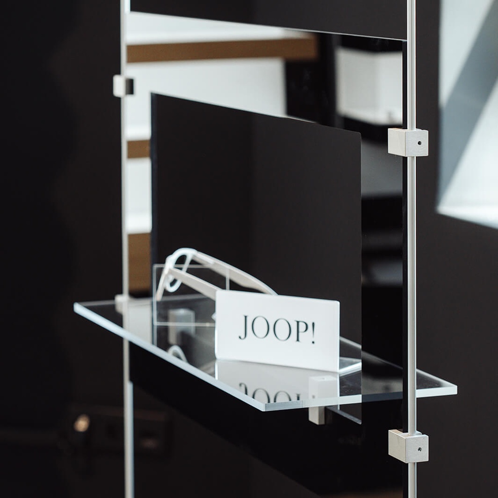 Sky Line display, 2 plates with transparent shelves, acrylic, 900x1600-4500 mm