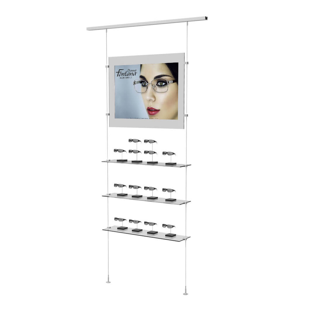 Sky Line display, 3 transparent shelves, acrylic, 900x1600-4500 mm