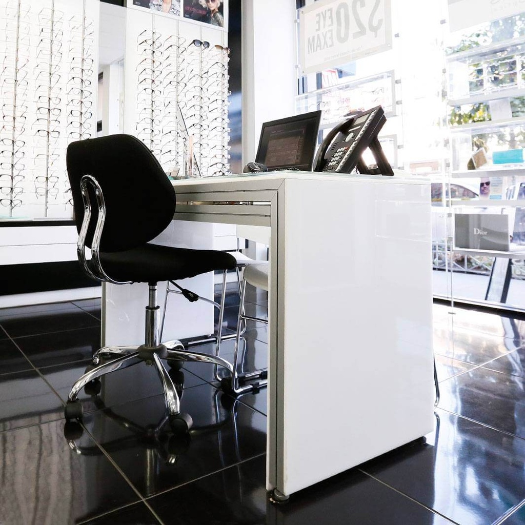Table with drawer(s), acrylic side plates, satin. glass worktop, 1250x740x550 mm
