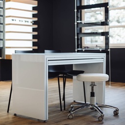 Table with drawer(s), acrylic side plates, satin. glass worktop, 1250x740x550 mm