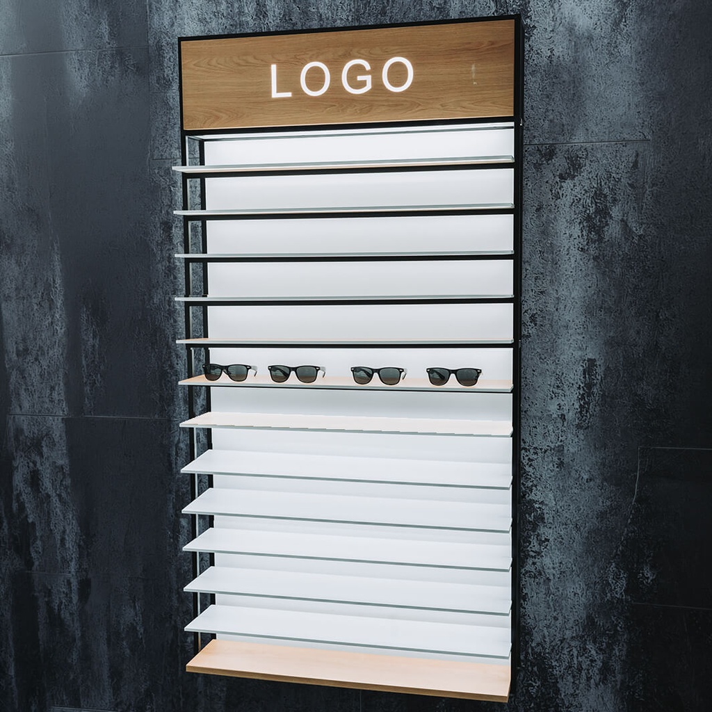 STK wall display with top cap, LED shelves, 930x1780x320 mm, LED, 5 logo holders incl.