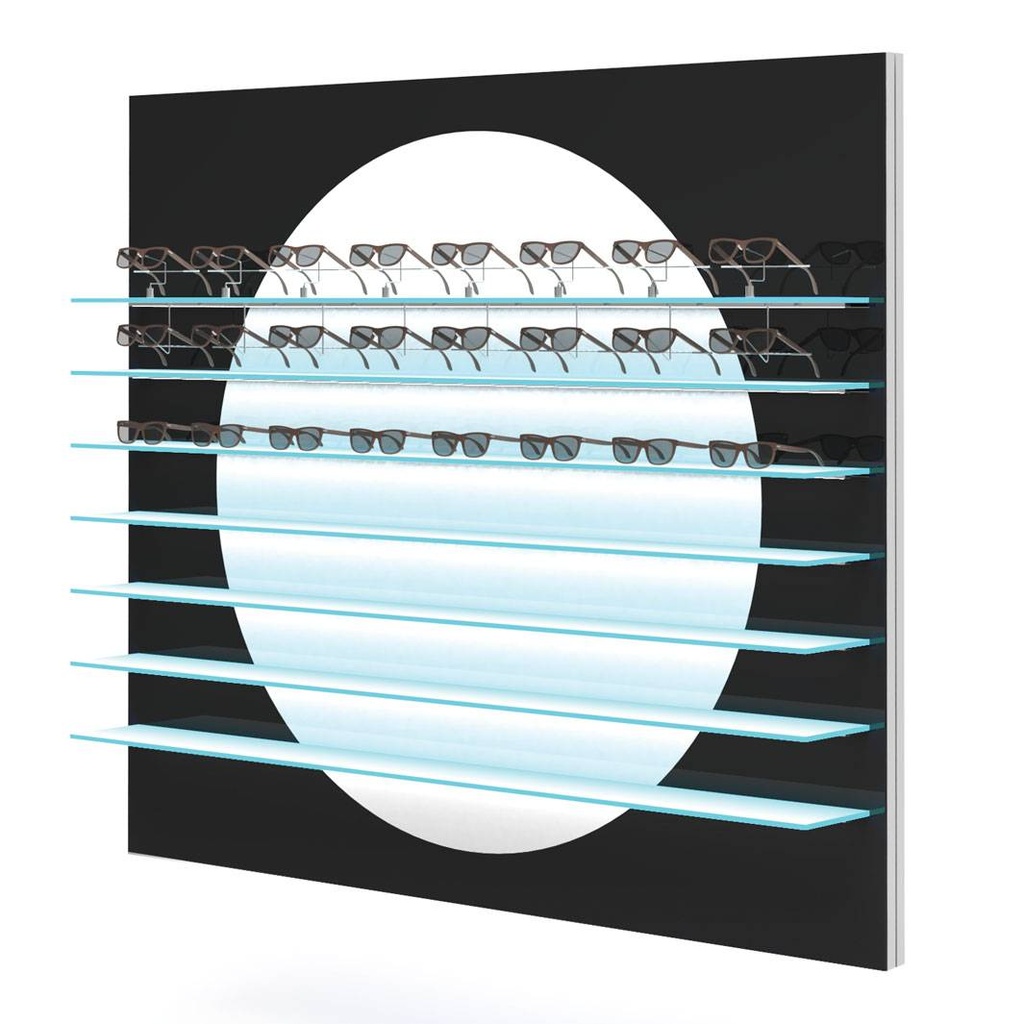 Présentoir mural Aura R, cercle blanc, 7 étagères LED, magnétique, 1800x1500x280 mm