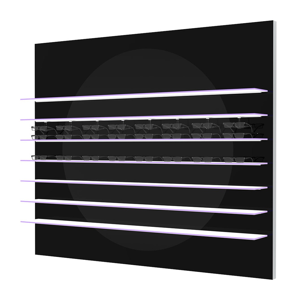 Aura R Wandpräsenter, schwarzer Kreis, 7 LED Ablagen, magnetisch, 1800x1500x280 mm