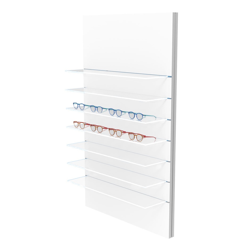 Espositore da parete Vera, 7 ripiani in vetro con LED