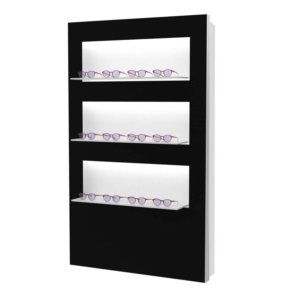 [WS.DE.3.90 black + white LED] Présentoir mural Dekora, 3 étagères (900x1500x280 mm, éclairage LED blanc, noir)