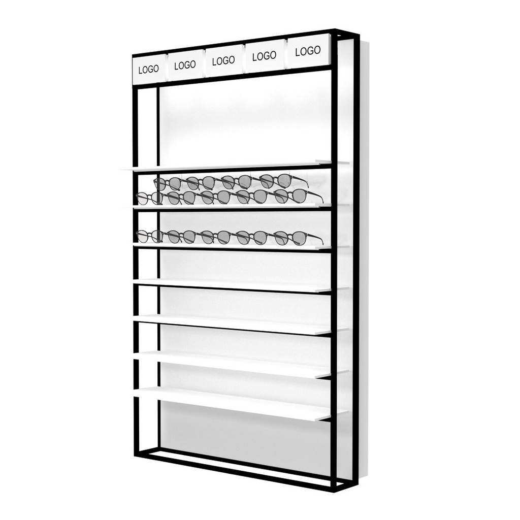 STK expositor de pared con estantes LED, incluye 5 porta logotipos, 930x1530x320 mm