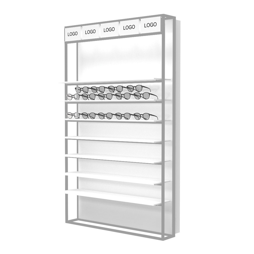 [STK.S.7  / STK shelves aluminium] STK wall display with LED shelves, 5 logo holders incl., 930x1530x320 mm (7 shelves, aluminium construction)