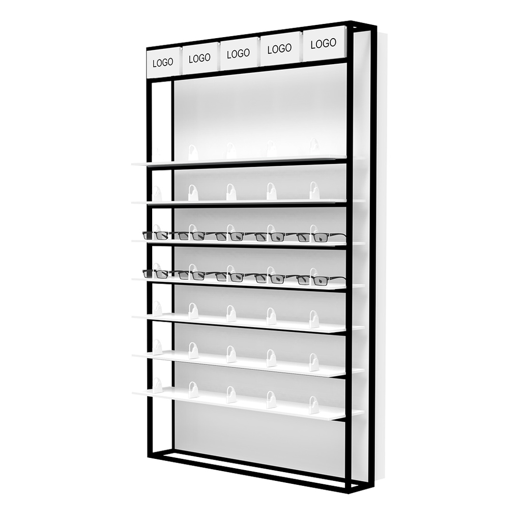 Présentoir mural STK Unilock avec LED étagères, 5 porte-logos inclus, 930x1530x320 mm