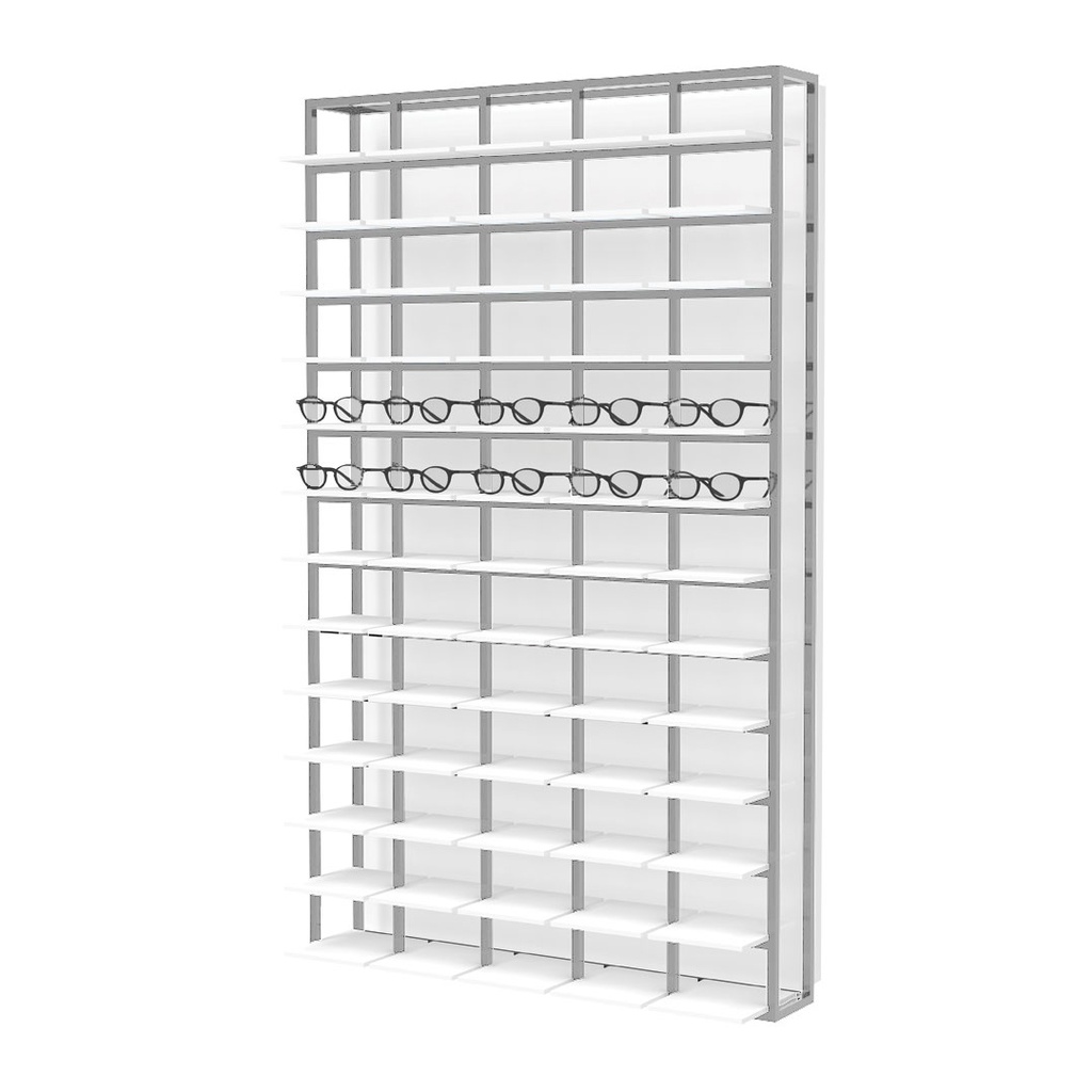 [MOS1 aluminium] Mosaic wall display, 930x1530x320 mm (LED shelf lighting, 65 white acrylic LED shelves, aluminium construction)