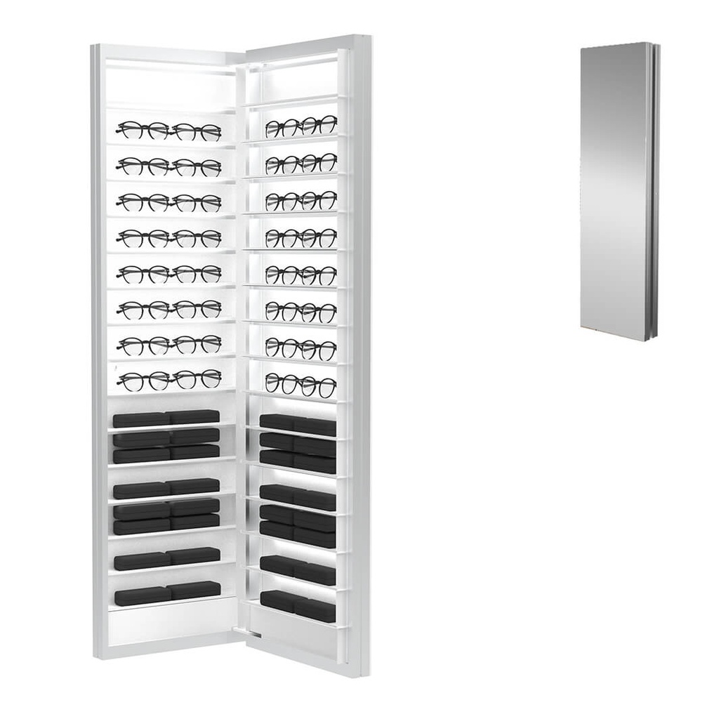 Espejo Dual, 30 estantes, 450x1050x180 mm, capacidad para 60 monturas/cajas