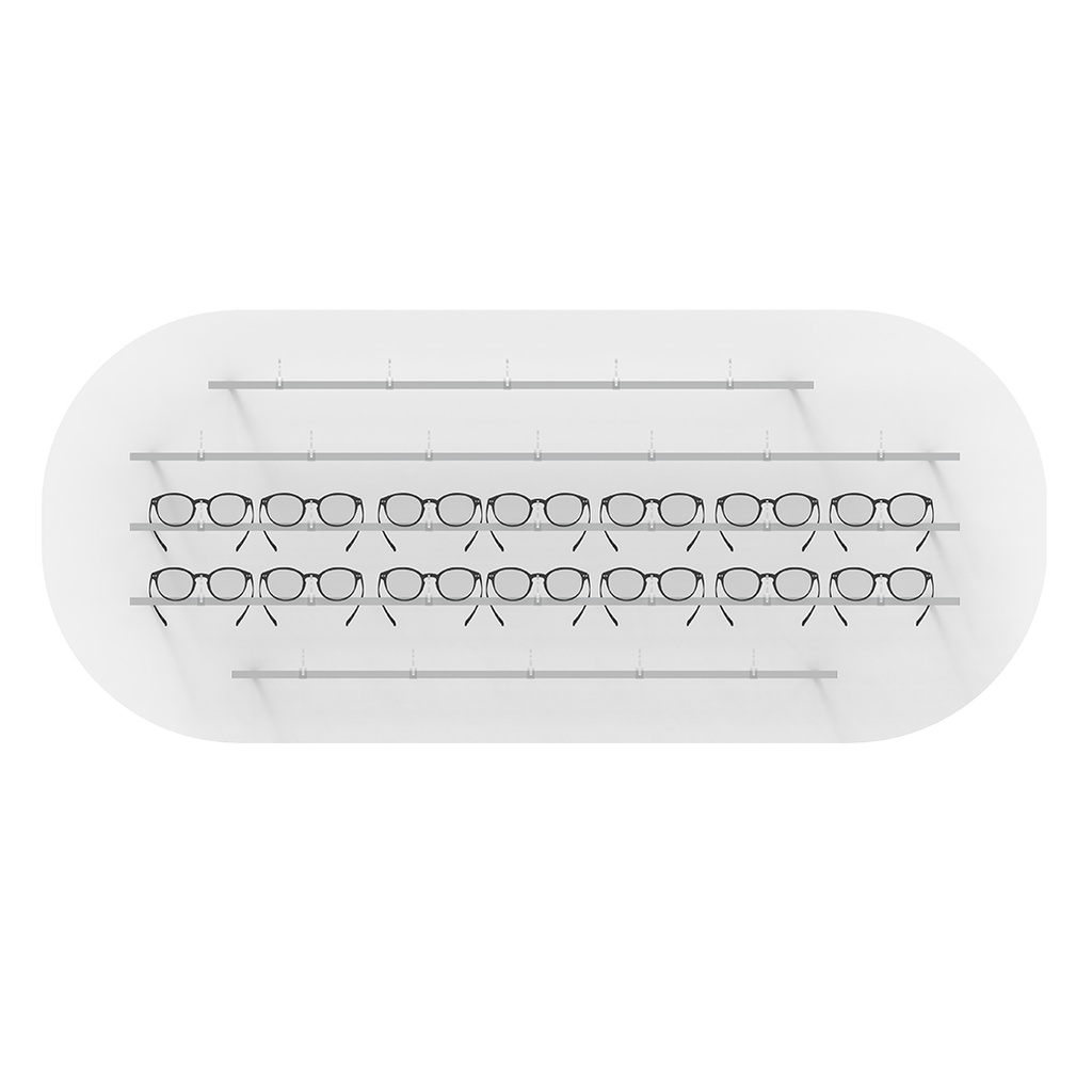 Clear Look wall display, oval shaped, 5 rails (31 frames), 1800x600x280 mm