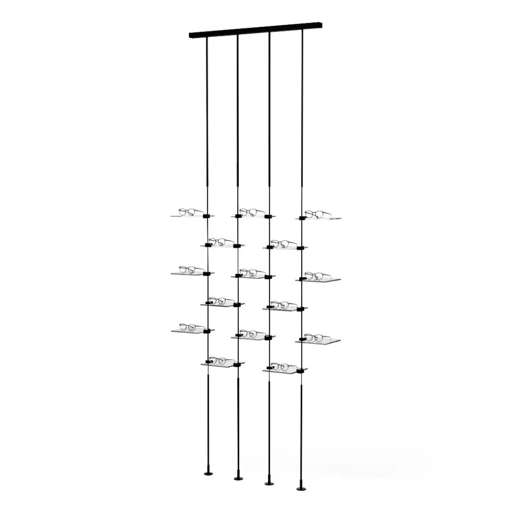 [SW.SKS1 / SKS.1 black rods, transparent shelves] Espositore Sky Line Solo, 4 aste con 15 ripiani laterali, 1000x1600-4000 mm (asta(e) nera(e), 15 ripiani in acrilico trasparente)