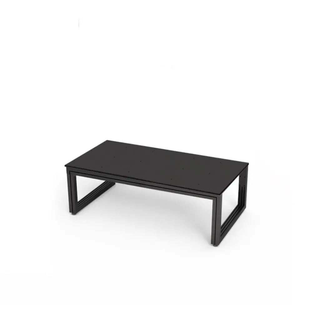 Mesa para escaparate, estructura de aluminio, placa superior acrílica con agujeros
