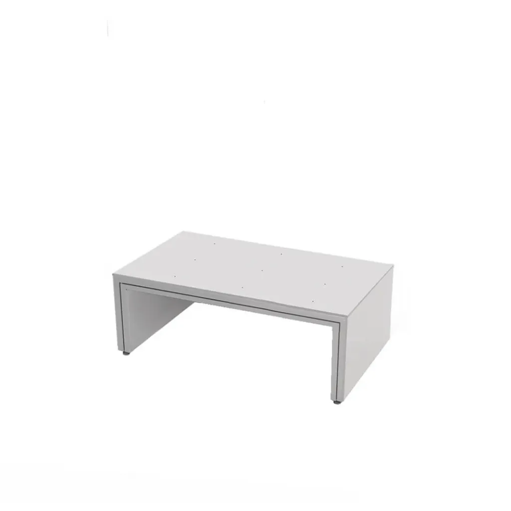 Expositor mesa para escaparate, estructura de aluminio con placas laterales, placa superior acrílica con agujeros