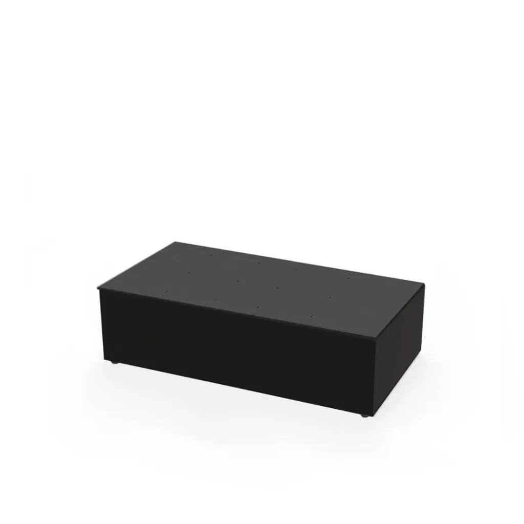 [TD.CO.A.100.30 / TD.CO.100.30 black] Shop window table, aluminium construction covered with 4 acrylic plates, acrylic top plate with holes (1000x300x550 mm, acrylic black glossy)