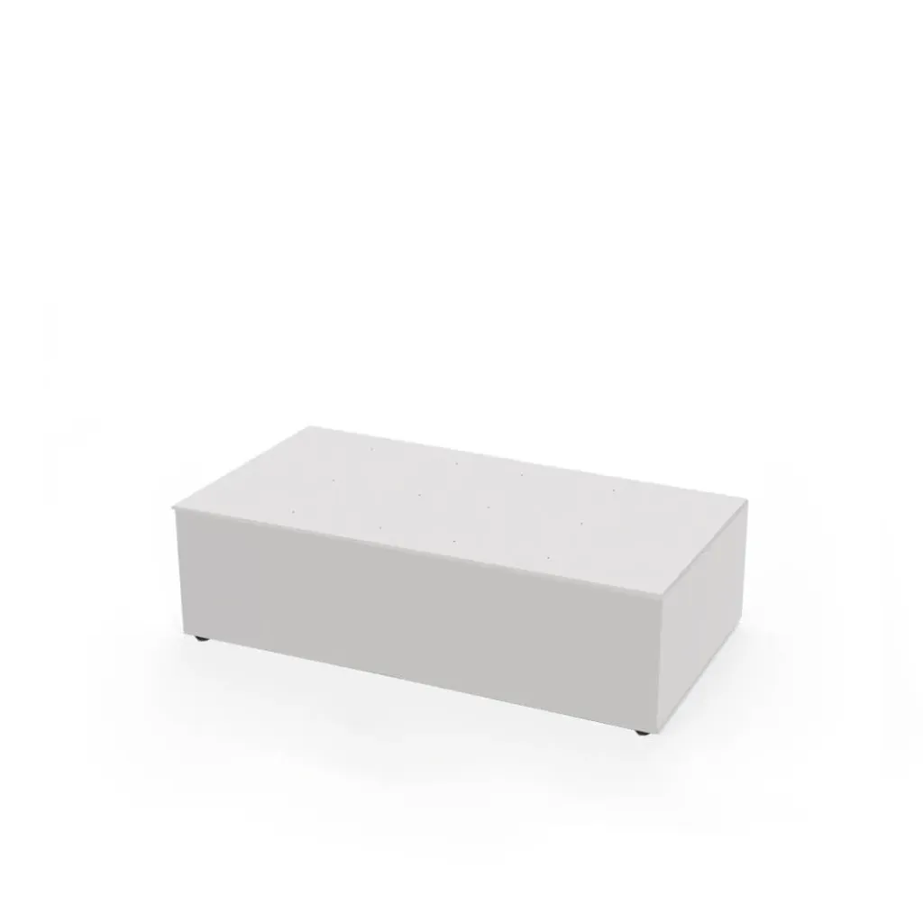Mesa para escaparate, estructura de aluminio cubierta con 4 placas acrílicas, placa superior acrílica con agujeros