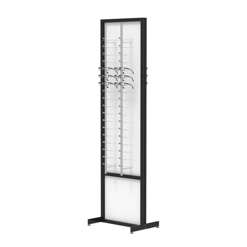 [F.D.RR4.O / LF.4.O black] FS Präsenter, zweiseitige feste Platte mit offenen Stangen (476x1980x400 mm, 4 Stangen, 72 Brillen, schwarze Konstruktion)
