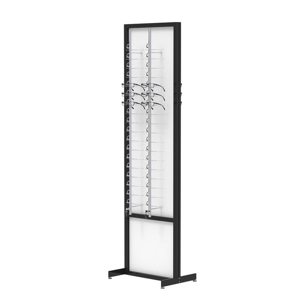 [F.D.RR4.L / LF.4.L black] FS Präsenter, zweiseitige feste Platte mit abschließbaren Stangen (476x1980x400 mm, 4 Stangen, 72 Brillen, schwarze Konstruktion)