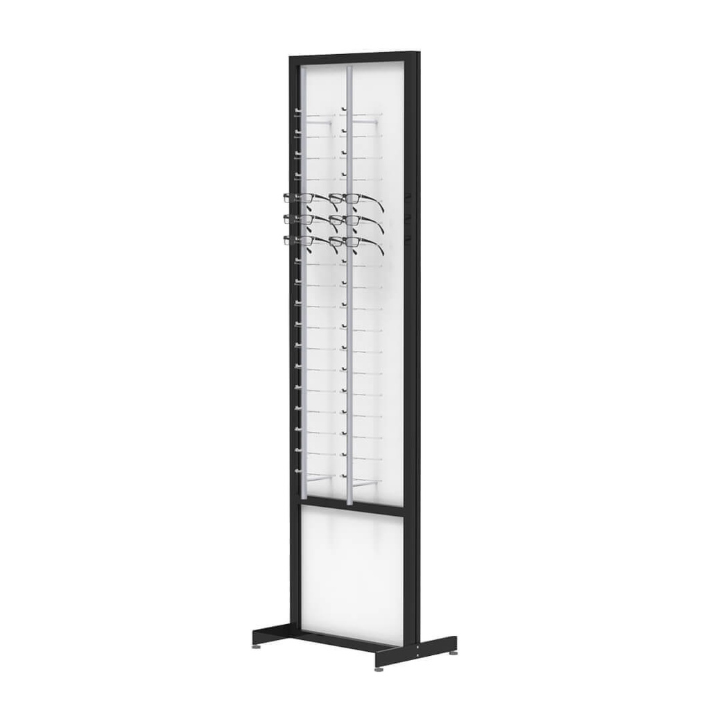[F.S.RR2.O / FF.2.O black] Expositor FS, placa fija con barras sin cerradura, presentación 1 cara (476x1980x400 mm, 2 barras, 36 monturas, construcción negra)