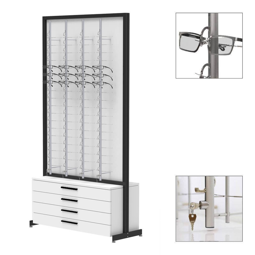 FS display, fixed plate, 8 rods (144), 4 drawers with handles(80), 1032x1980x400 mm