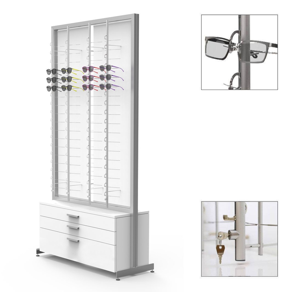 Espositore FS, 3 cassetti con maniglie (50 montature+50 astucci) e 8 aste (144), 1032x1980x400 mm