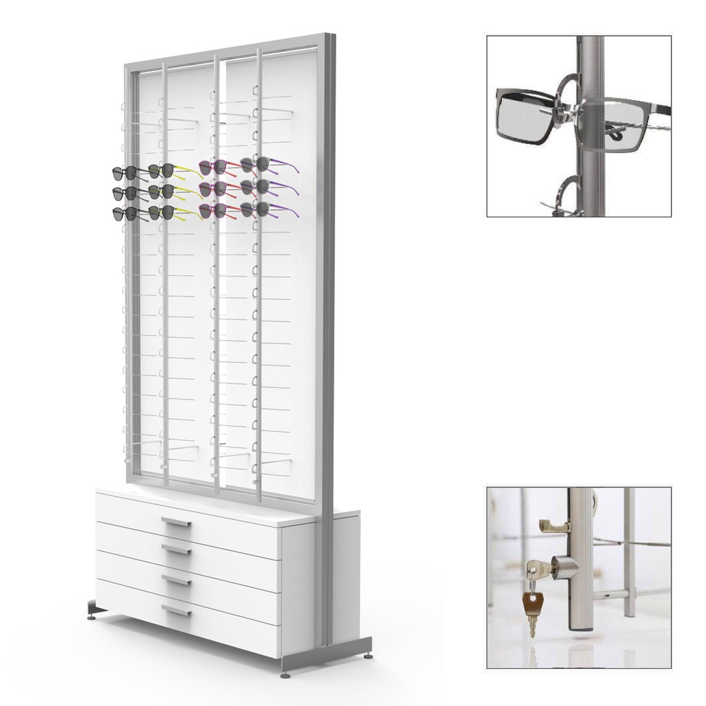 FS display, 2 rotating plates, 8 rods (144), 4 drawers, handles (100), 1032x1980x400 mm