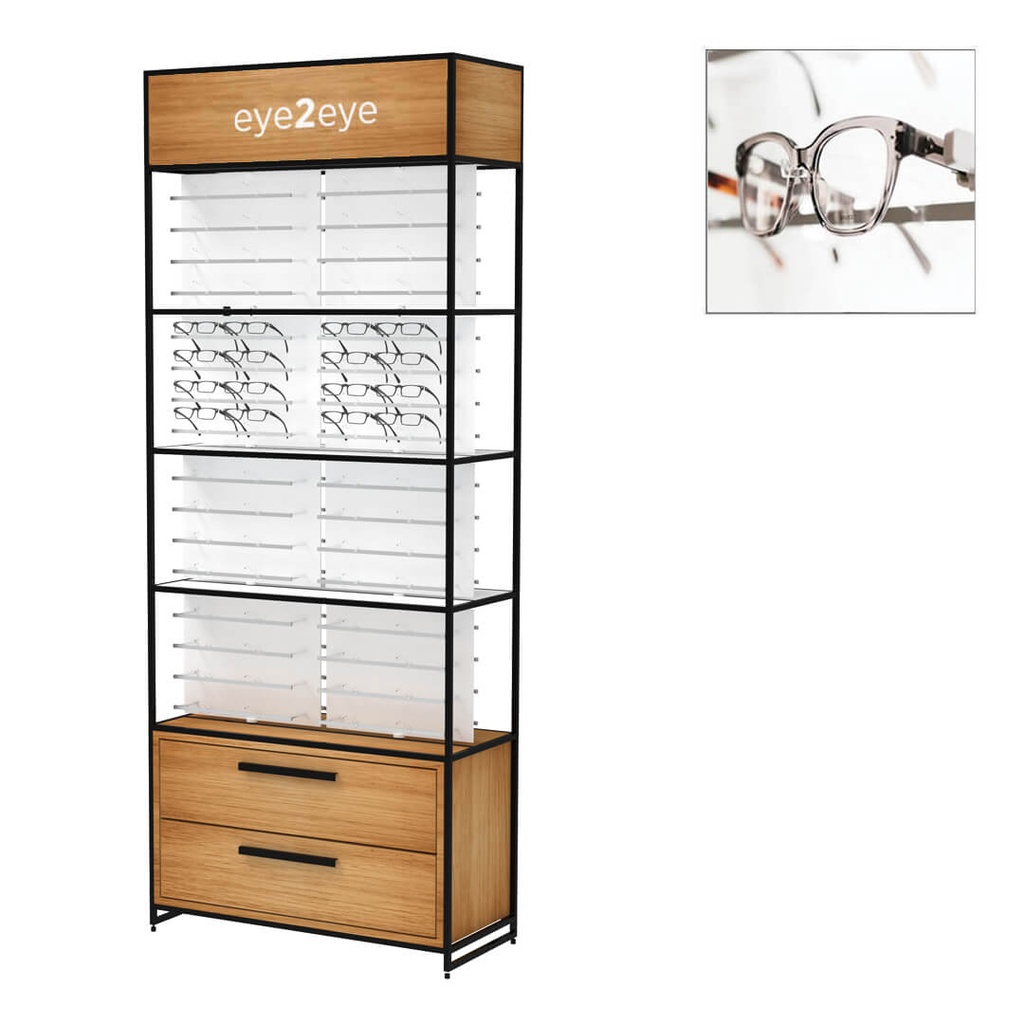 STK FS Präsenter, oberer Box, 64 CL Stangen (128), Schrank, 930x2270x400 mm (weiße LED-Beleuchtung, schwarze Konstruktion, 2 tiefe Schubladen, obere LED Abdeckung mit Logo)