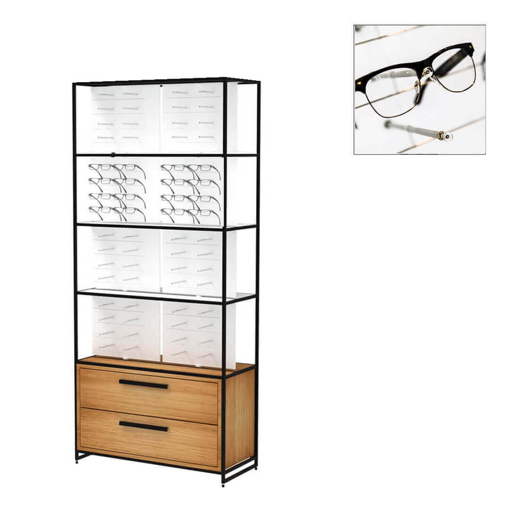 STK Multi Pin FS display, 128 pins (128), cabinet, 930x2035x400 mm (no locking, white LED lighting, black construction, 2 deep drawers)