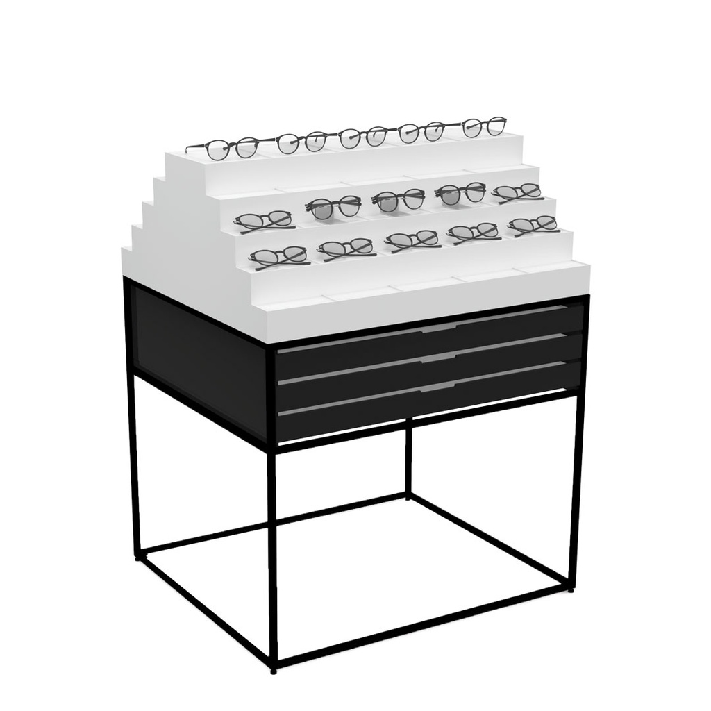 Espositore isola STK Gondola, 6 cassetti (150), parte superiore con 9 ripiani (50), 900x1150x785 mm