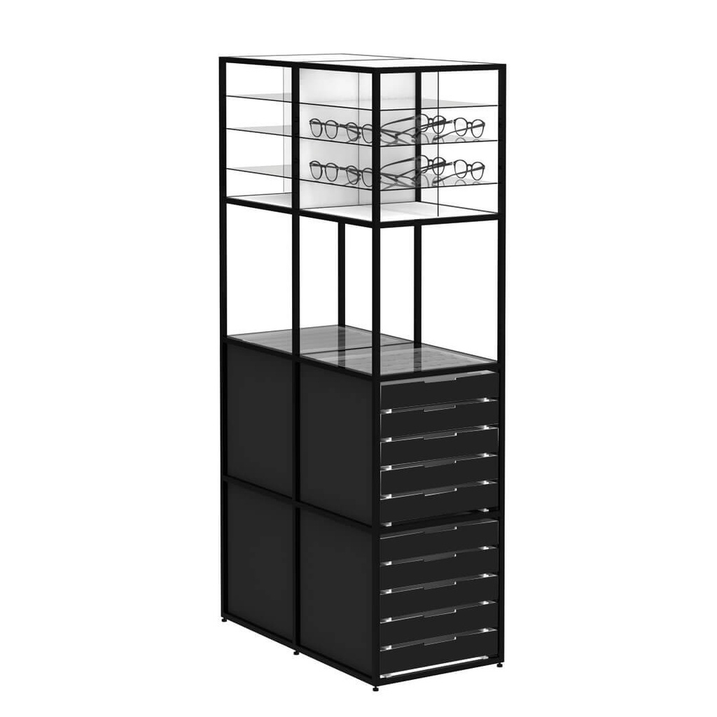 Espositore STK, 2 ripiani Criss-Cross (32), 20 vassoi (200), 400x1555x785 mm (illuminazione a LED bianca, struttura nera, vassoi neri, placche laterali nere)