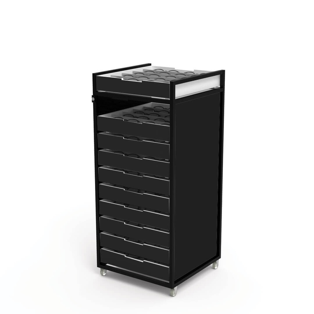 STK trolley cabinet, 10 trays (120), 405x905x405 mm (black construction, black trays, black side plates)
