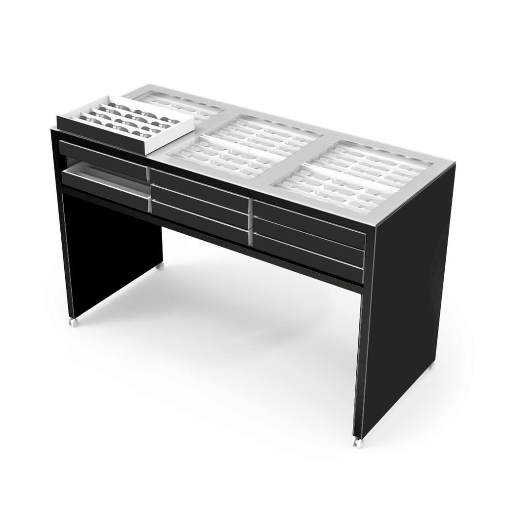 Izložbena stol-vitrina, sa izvlačnom ladicom/ladicama, bijeli akril (1630x1000x668 mm, 18 ladica, 270 pari naočala, bez zaključavanja, bijela LED rasvjeta, crna konstrukcija, bočne ploče - crna, crne ladice)