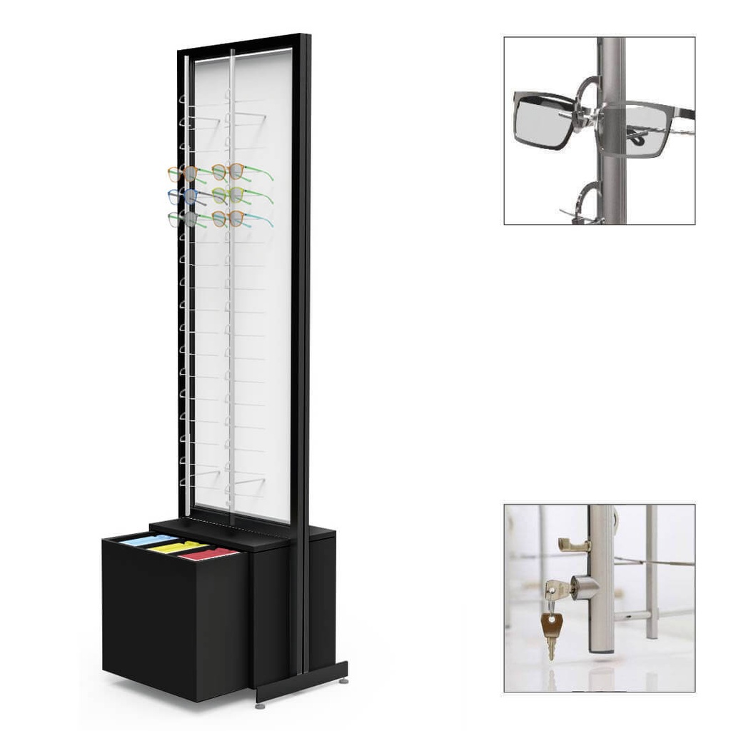 FS Präsenter, drehbare Platte mit 4 Stangen (72), 1 Schublade für Etuis (120), 552x1980x400 mm