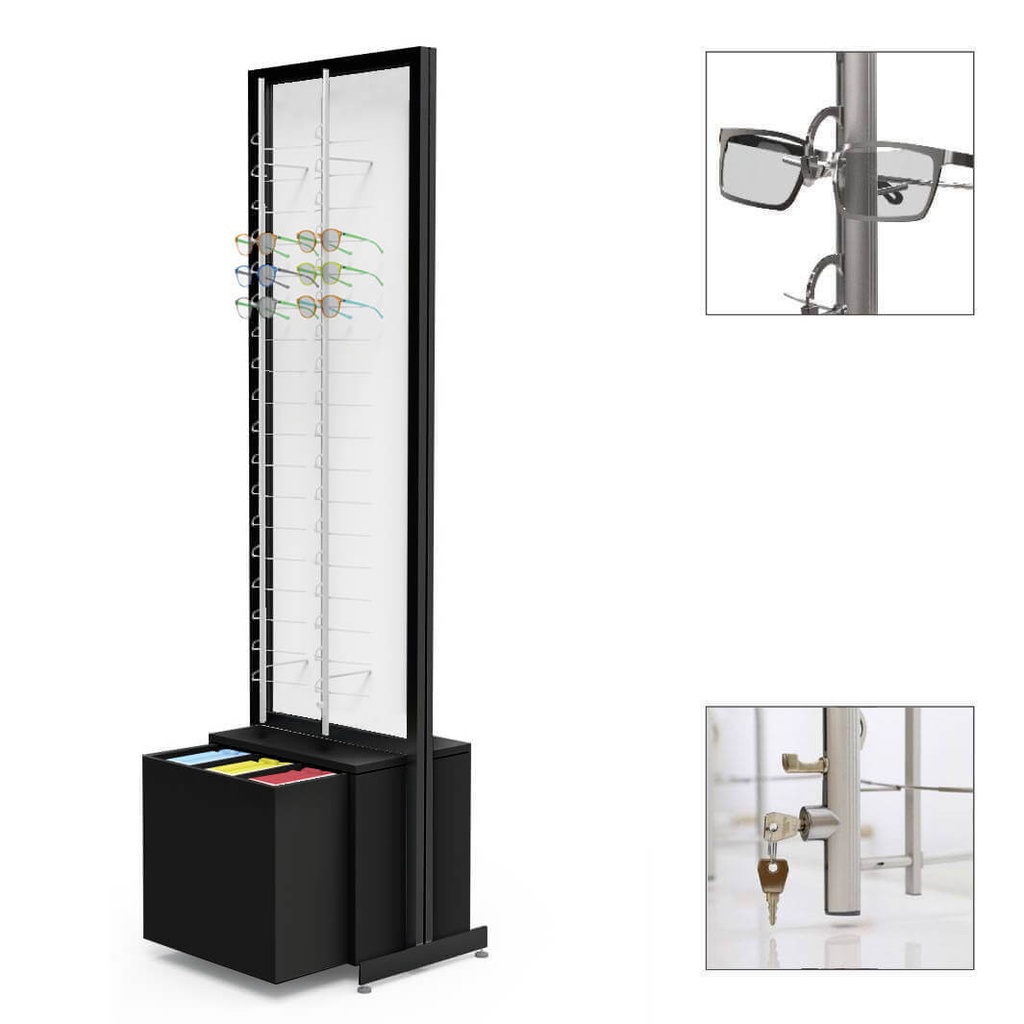 Présentoir FS, 1 grand tiroir pour étuis (120), plaque fixe avec 4 tiges (72), 552x1980x400 mm