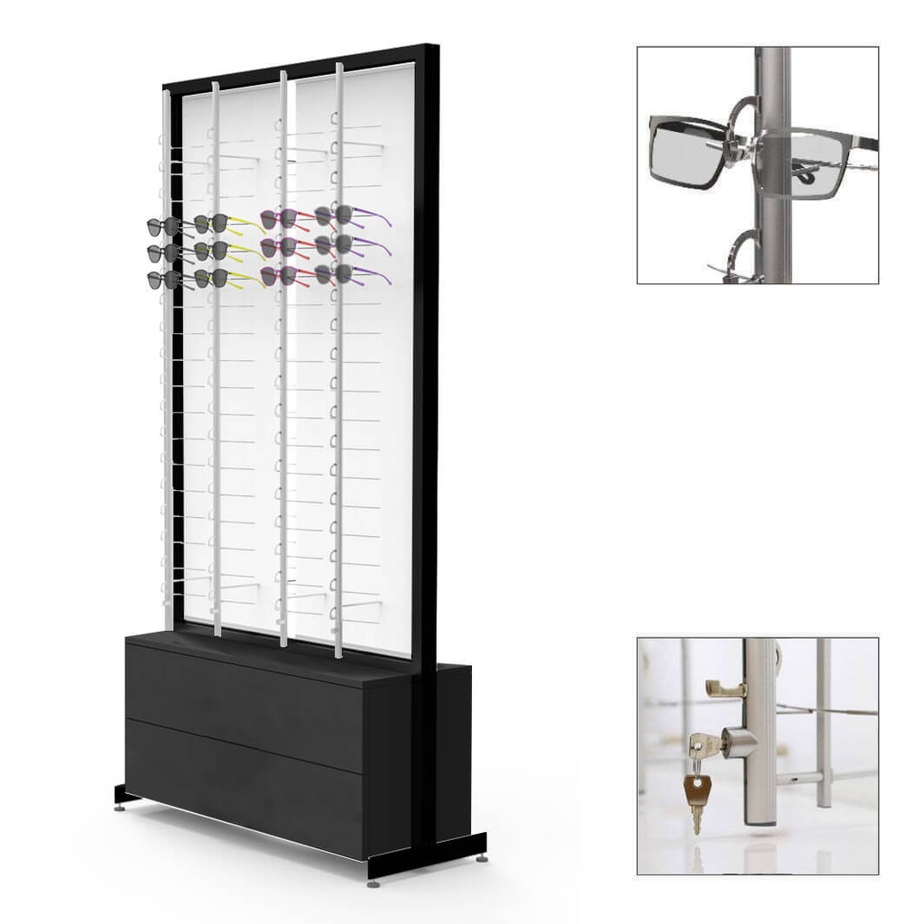 Expositor FS, 8 barras (144), 2 cajones profundos para estuches (100), 1032x1980x400 mm