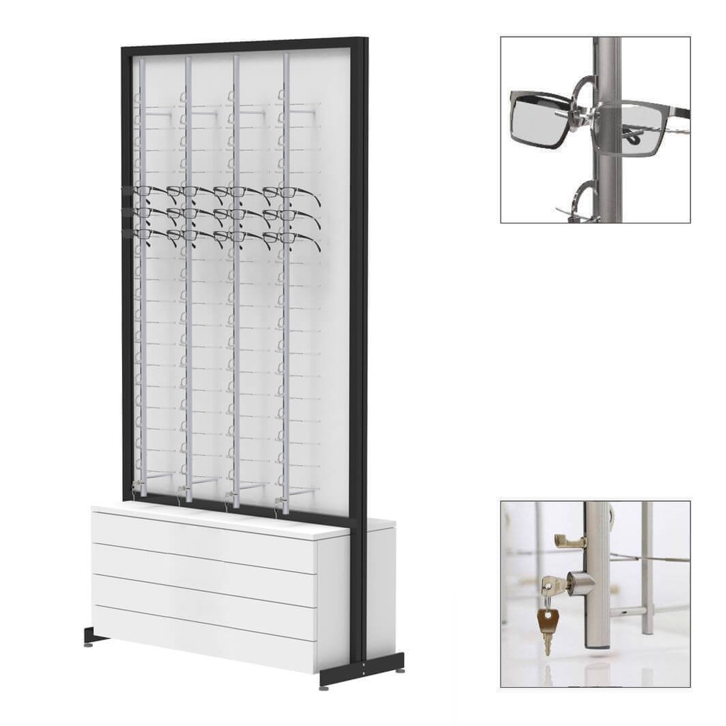 [F.D.RR8.L.P.4 / LF.8.B4.L / black constr. / white cabinet / push / wheels] Espositore FS, lastra fissa con 8 aste (144), 4 cassetti (80), 1032x1980x400 mm (aste con serratura a chiave, struttura nera, mobile in MDF bianco, 4 cassetti – sistema Tip-On – 100 montature, con ruote)