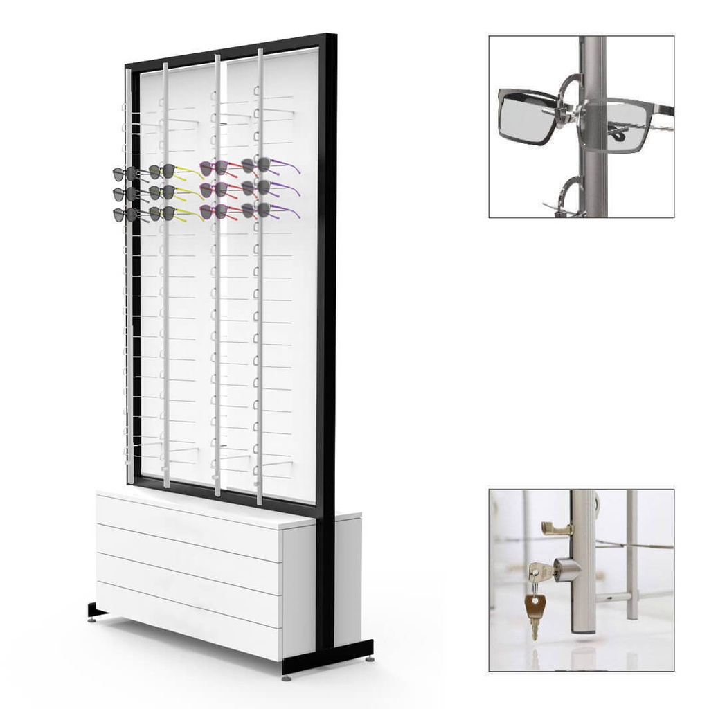[F.R.RR8.L.P.4 lockable rods / black constr. / white cabinet / push / wheels] Espositore FS, 8 aste (144), 4 cassetti (100), 1032x1980x400 mm (aste con serratura a chiave, struttura nera, mobile in MDF bianco, 4 cassetti – sistema Tip-On – 100 montature, con ruote)