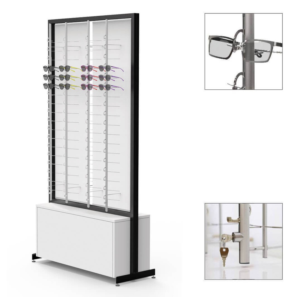 [F.R.RR8.L.P.1 / black constr./ white cabinet / push / wheels] FS display, 2 rotating plates, 8 rods (144), 1 large drawer (244), 1032x1980x400 mm (key lockable rods, black construction, cabinet in white MDF, 1 large drawer box, TIp-On system, with wheels)