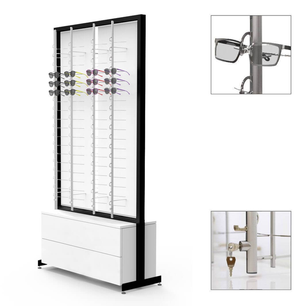 [F.R.RR8.L.P.2H black constr. / white cabinet / push / wheels] FS Präsenter, 8 Stangen (144), 2 tiefe Schubladen für Etuis (100), 1032x1980x400 mm (abschließbare Stangen , schwarze Konstruktion, Schrank aus weißem MDF, 2 tiefe Schubladen, Tip-On-System, mit Rollen)