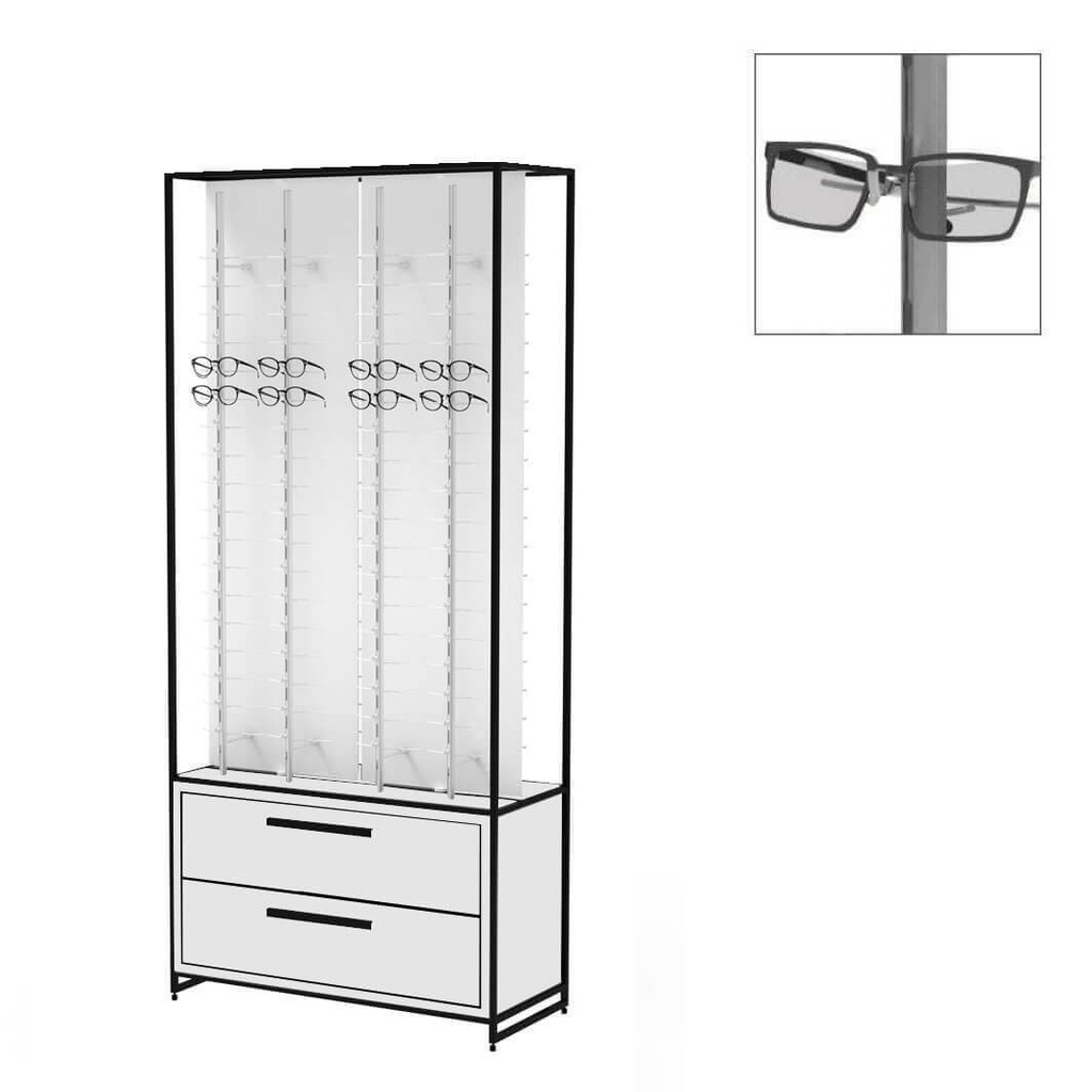 [STK.FD.8.R.OB2 open rods / black constr. / white cabinet / 2 drawers] STK FS display, 8 rods (144), cabinet, 930x2035x400 mm (offene Stange(n), schwarze Konstruktion, Schrank aus weißem MDF, 2 tiefe Schubladen)