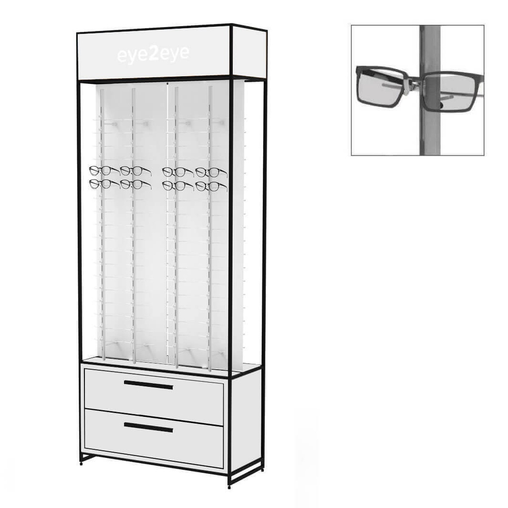 [STK.FD.8.R.OB2.AP black constr. / white cap & cabinet / LED logo / 2 drawers] STK FS Präsenter, oberer Box, 8 Stangen (144), Schrank, 930x2270x400 mm (offene Stange(n), schwarze Konstruktion, Schrank aus weißem MDF, 2 tiefe Schubladen, obere LED Abdeckung mit Logo)