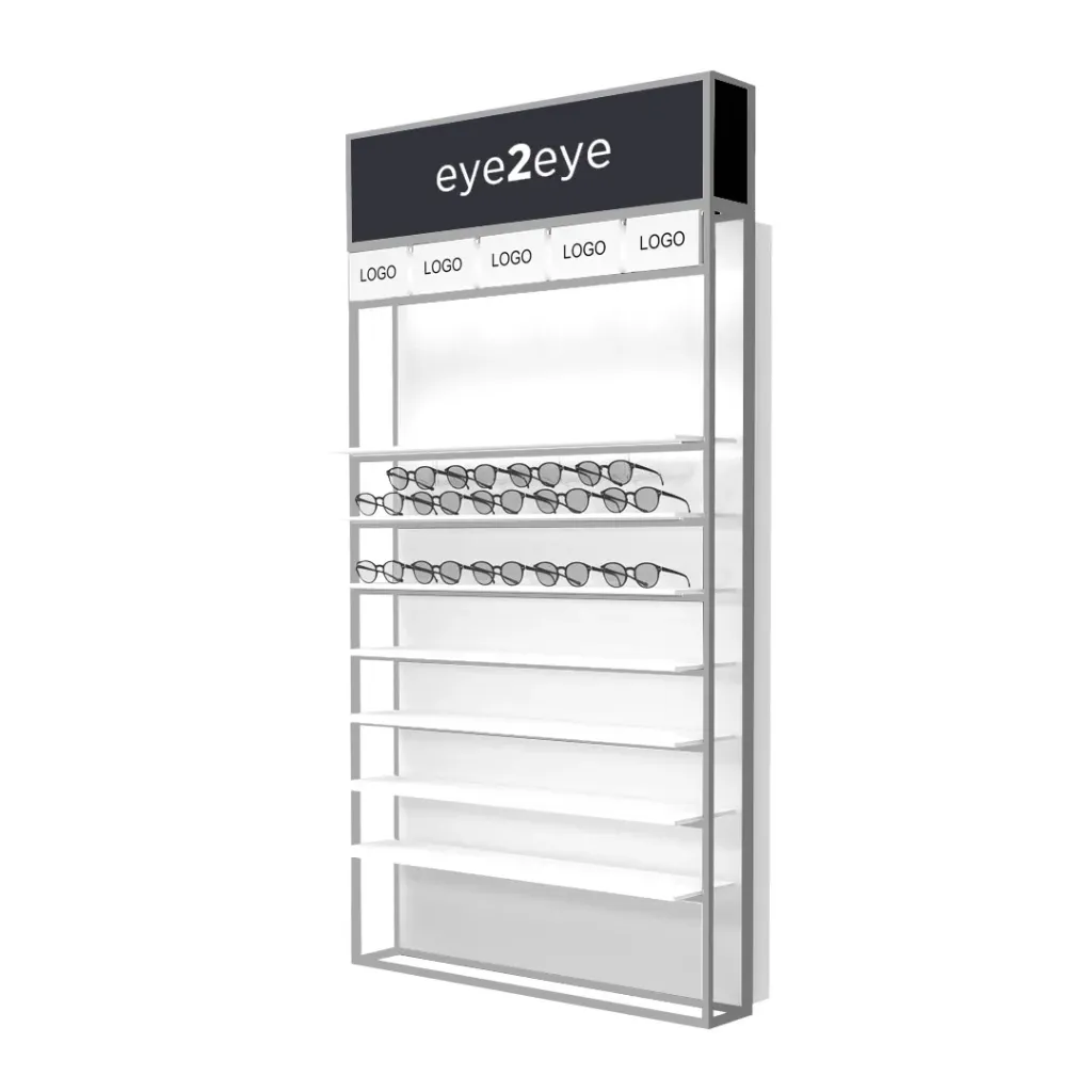 STK Wandpräsenter mit LED-Ablagen, oberer Box, inkl. 5 Logohalter, 930x1765x320 mm
