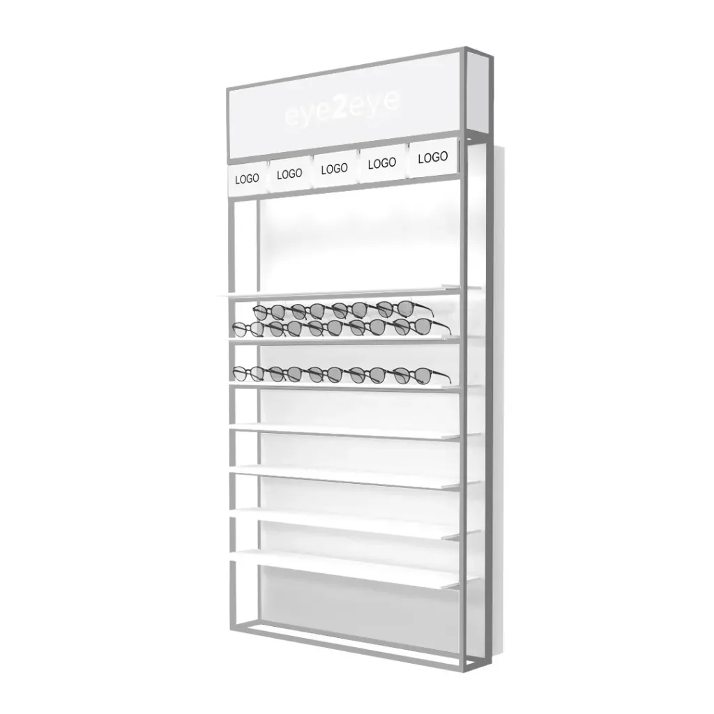 [STK.C.S.7 top LED cap, aluminium, white cap] STK expositor, estantes LED, parte superior, incluye 5 porta logotipos, 930x1765x320 mm (7 estantes, construcción de aluminio, parte superior LED con marca, parte superior blanco)