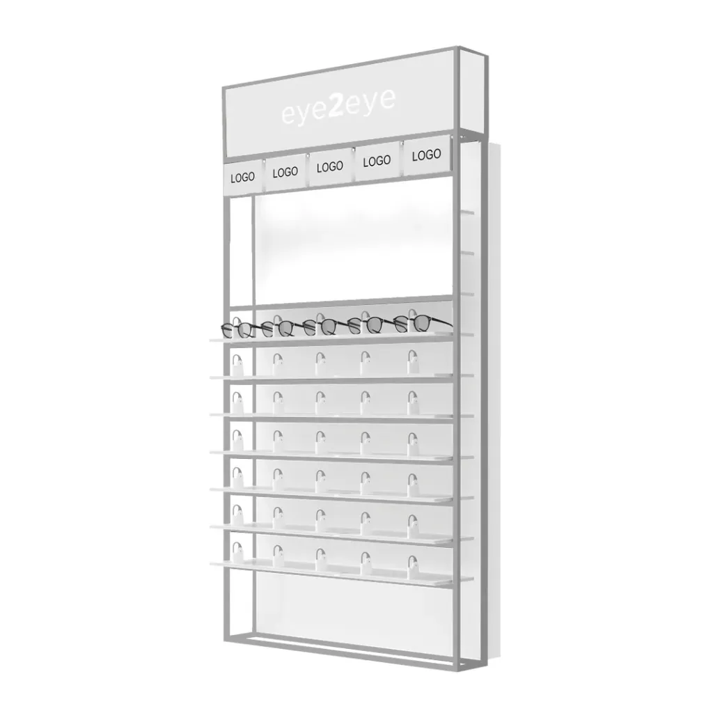 [STK.UL.S.7 top LED cap, aluminium, white cap] Presentoir STK Unilock, étagères LED, capuchon, 5 supports logo, 930x1780x320 mm (7 étagères / 35 lunettes, construction en aluminium, partie supérieure LED avec logo, partie supérieure blanc)