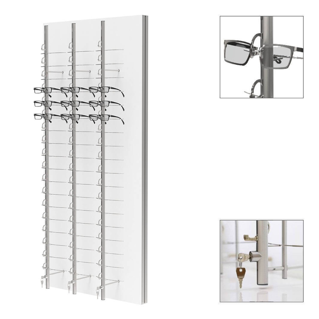 Expositor de pared RR, 3 barras con cerradura de llave (54 monturas), 700x1500x280 mm