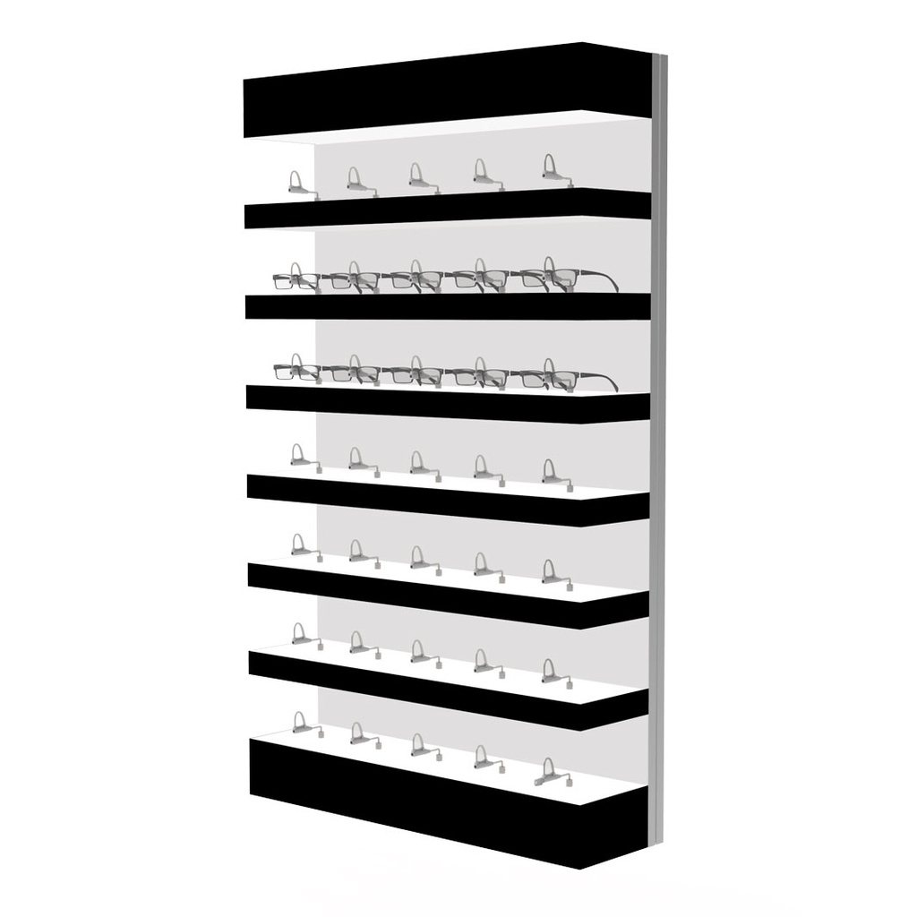 Présentoir mural Quadro Single Lock, 7 étagères LED, supports de montures verrouillables