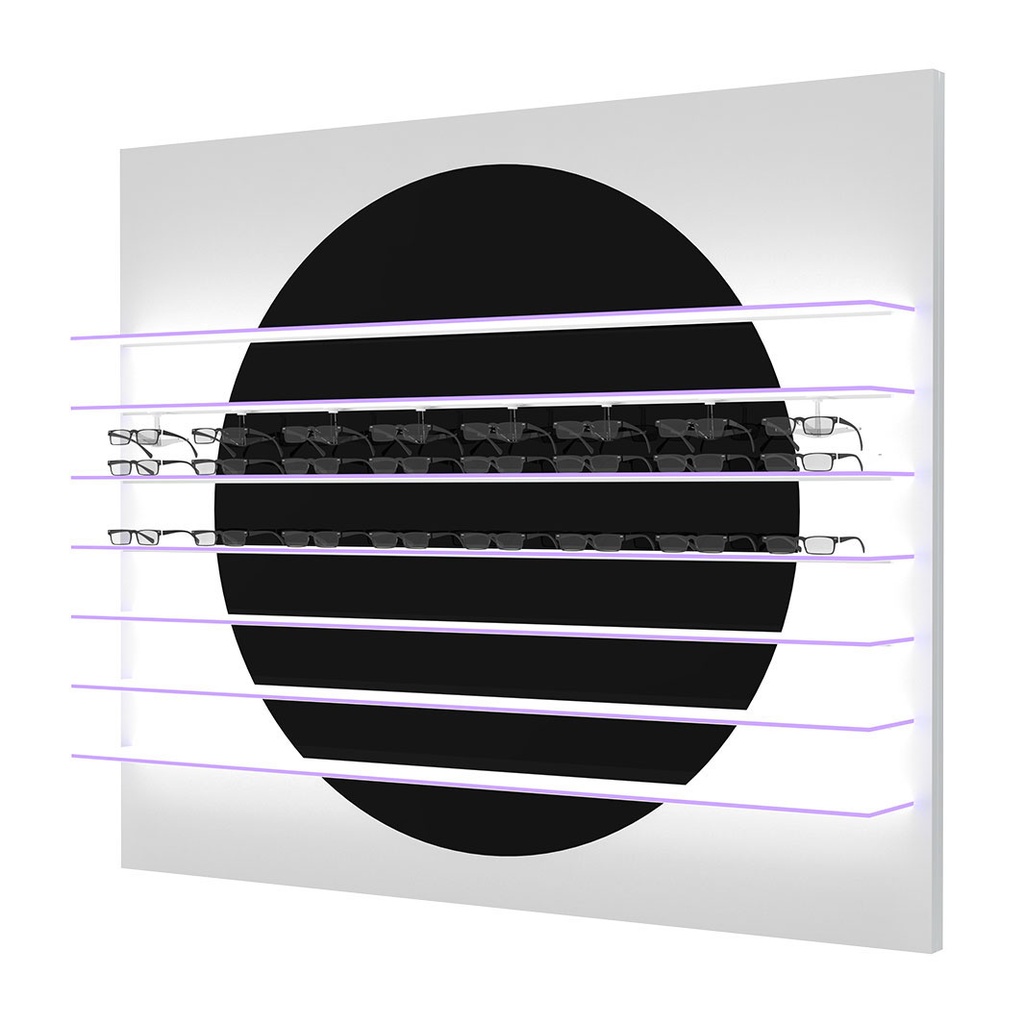 Présentoir mural Aura R, cercle blanc, 7 étagères LED, magnétique, 1800x1500x280 mm