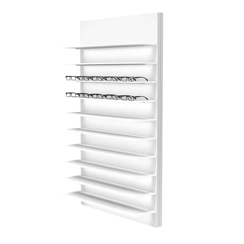 Espositore da parete Vivida, 10 ripiani LED, acrilico, illuminazione perimetrale