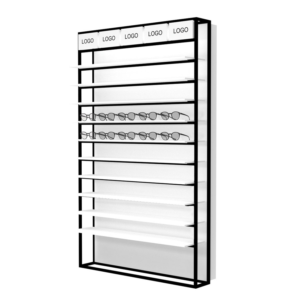 STK zidni prezenter s LED policama, 5 držača za logotip, 930x1530x320 mm